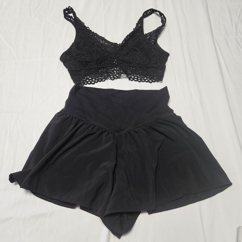 Aerie Lace Bralette & OFFLINE Crossover Shorts Set Women Medium Black Bundle